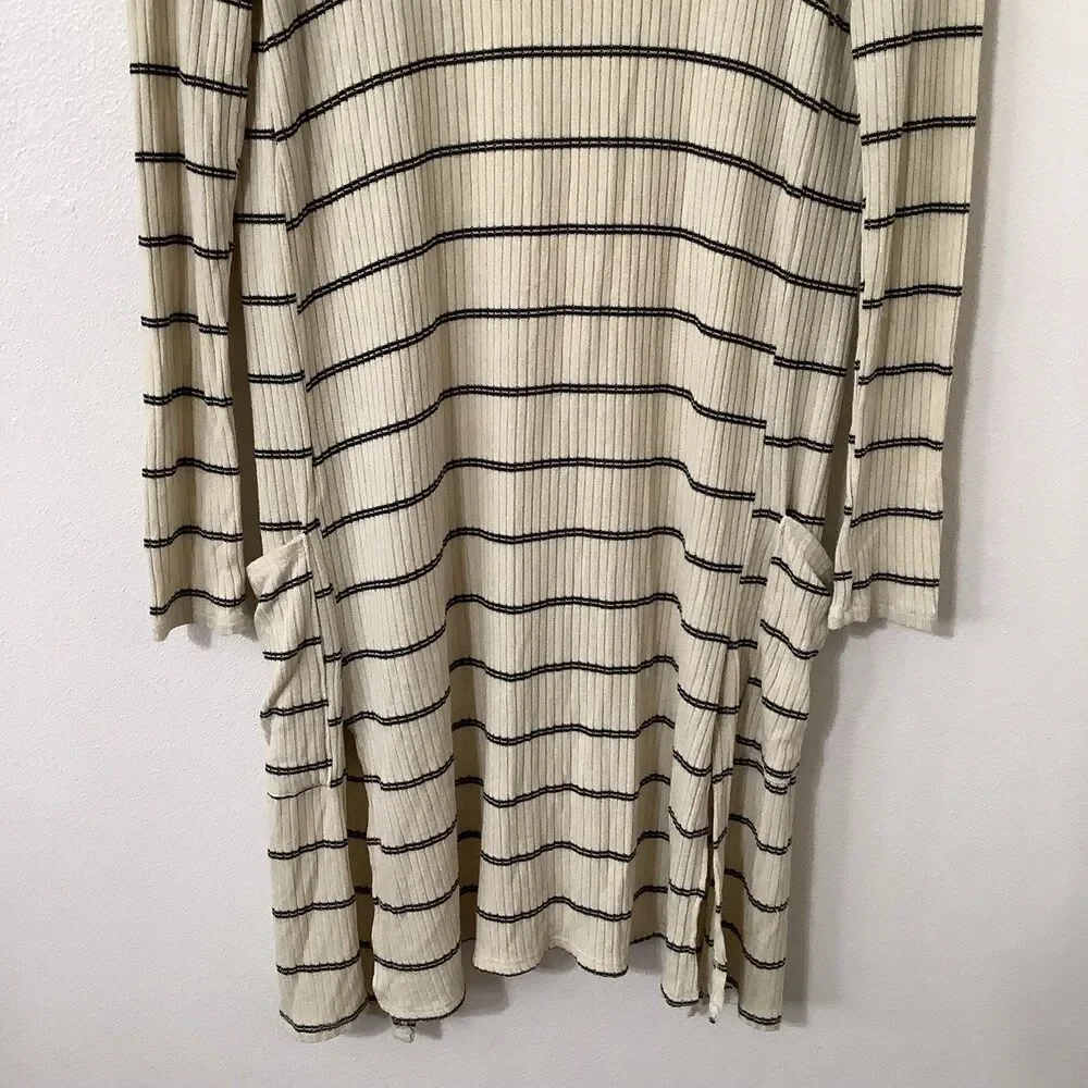 Daytrip Minimalist Chic‎ Cozycore Slouchy Striped Cream Long Open Cardigan Small